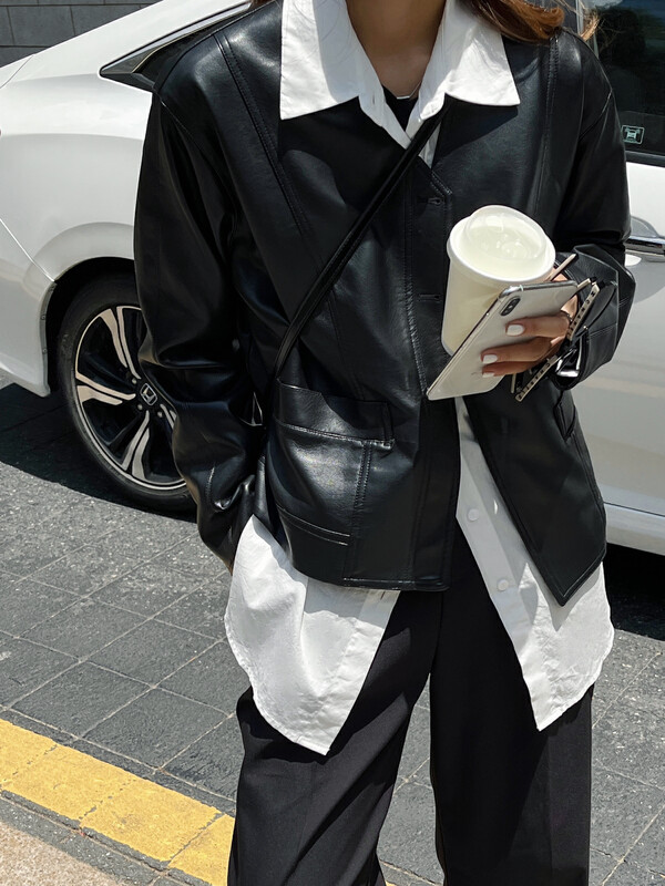 New autumn style! [EVER TRUE] Loose high-class V-neck leather coat 93012 # CLS