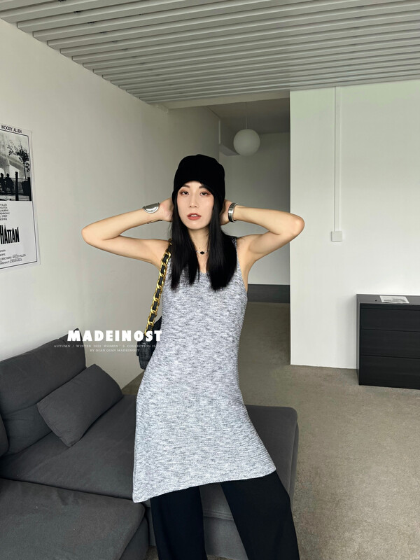 [Osha MADEINOST] Autumn new stripe small fragrant wind beveled vest knit dress S7050