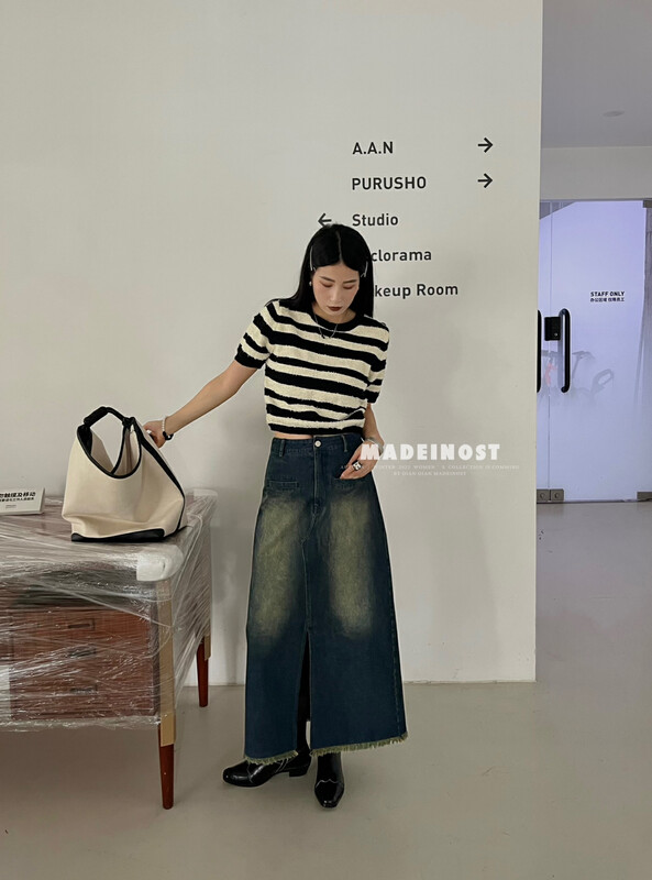 [Osha MADEINOST] Vintage striped round neck knit short Sleeve T-shirt S7020