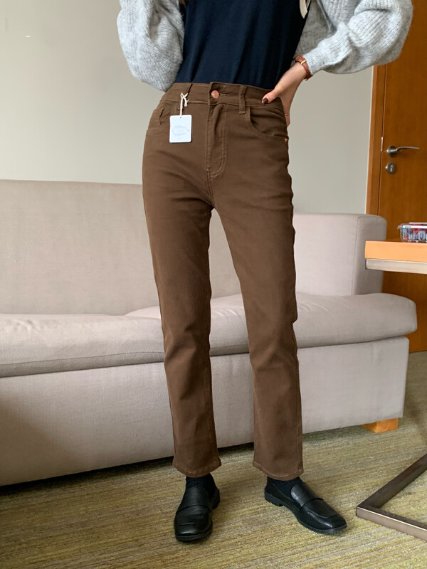 New autumn style! [MEET ME] Casual Basic Versatile Coffee Elastic Straight Jeans 61329 # L