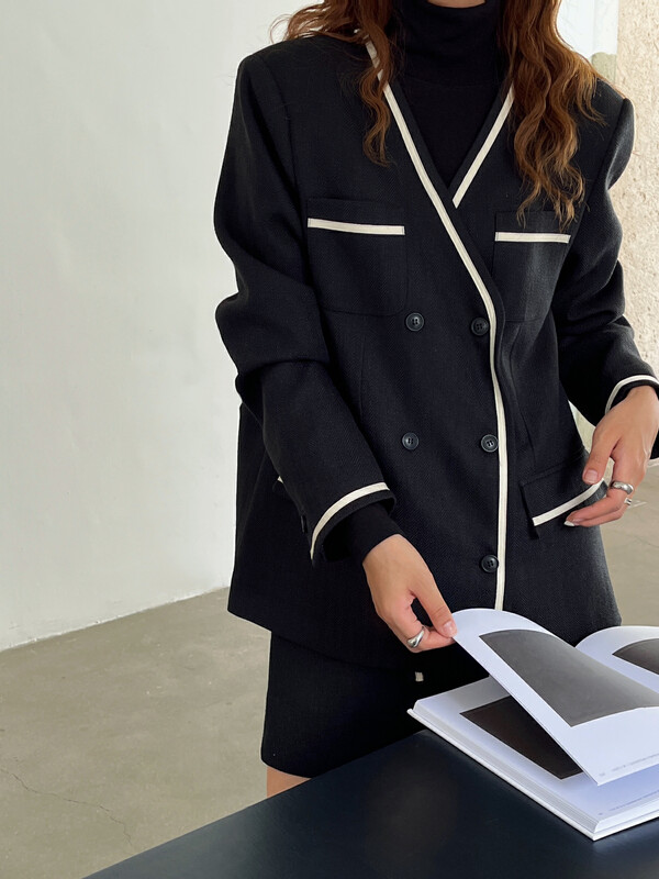 [EVER TRUE] Small fragrant wind female autumn new Korean version long sleeve V collar loose joker shoulder padded suit 13221 # CLS