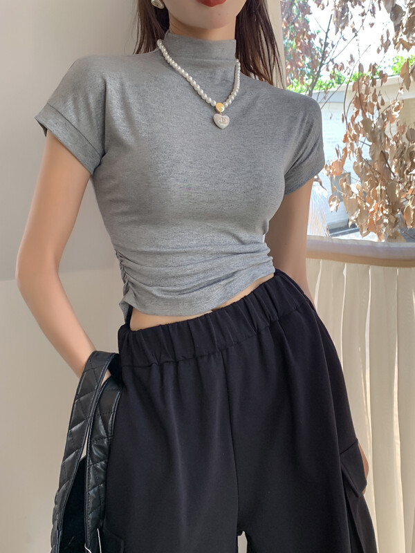 Autumn on the new![Yuan Xi] Half-high collar fold design with versatile short-sleeve T-shirt YS2-3053 # LSL