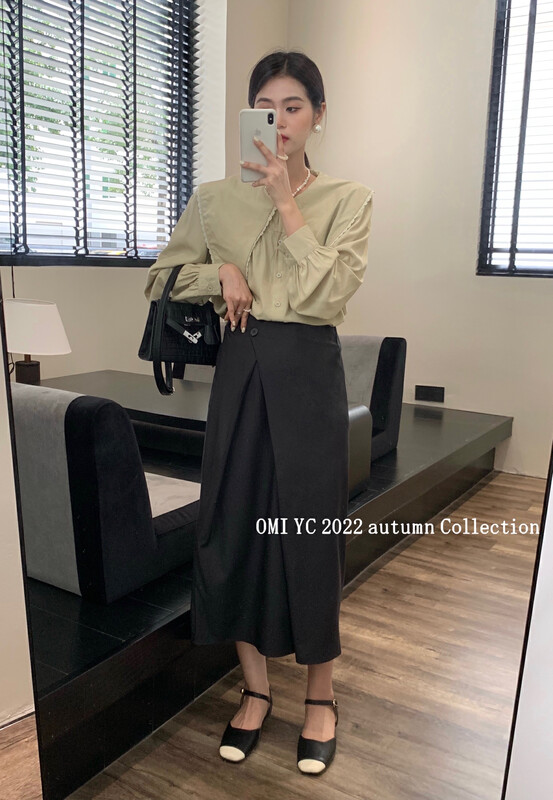 [O MI] Suit material a button irregular design sense half skirt (versatile) 55702 # FHX