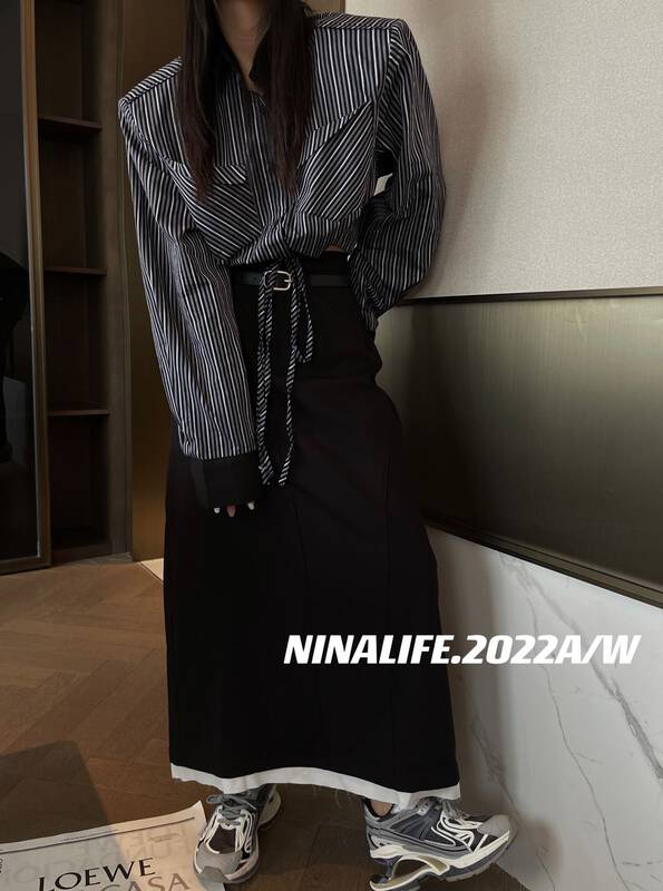 Autumn on the new![NINA LIFE] High-waist color matching fashion skirt (with a belt) 6293 # ZXL