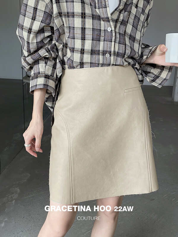 [GRACETINA HOO] Minimalist segmentation high waist PU skirt stereo cut skin-friendly velvet bottom BQ6272
