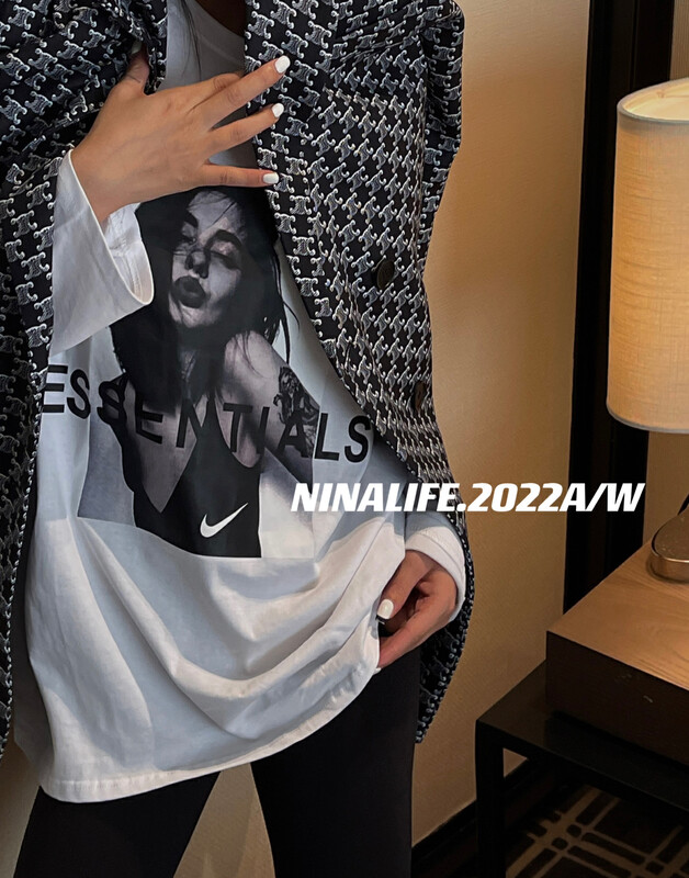 Early autumn on the new![NINA LIFE] Alphabet Print Personality Long Sleeve T Shirt 6528 # ZXL