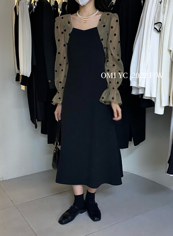 [O MI] flocking wave dot splicing sleeve dress suit fabric closed waist show thin 77515