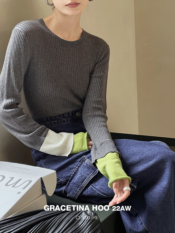 [GRACETINA HOO] Design sense of contrast color cuff stitching knit shirt (simple round collar, high elastic and zero pressure) Z929 # CQW