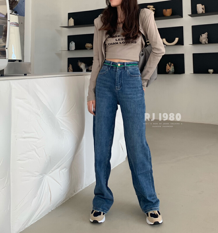 [1980] New autumn new style waist green stitching comfortable versatile wide leg jeans 2A65356