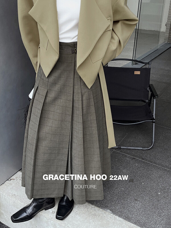 [GRACETINA HOO] Design sense of pleated double leather buckle design skirt (three-dimensional cut shows slim and versatile) BQ6280 # CQW