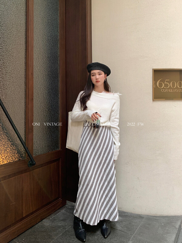 [ONIVINTAGE Ernie] Slant stripe wrap hip middle length skirt skirt OW225M6115