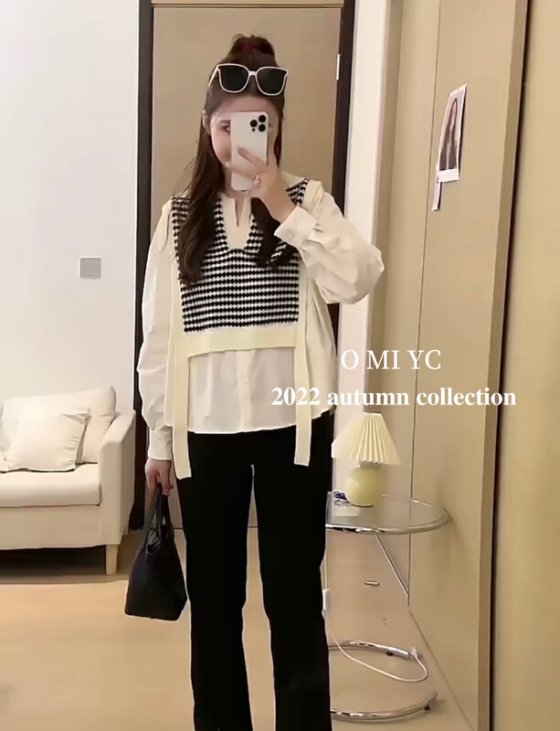 [O MI] Korean V-Neck sweater vest splicing shirt 23503