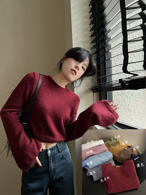 [Osha MADEINOST] New autumn wool sweater Short and low-length bell-bottomed sleeve sweater (30% wool) S7075