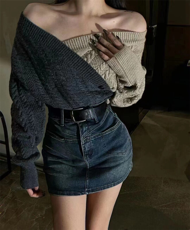 New autumn and winter![Yan Zhen] One-word shoulder matching color warm sweater 83012 # PCZ