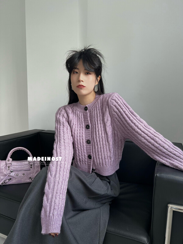 [Ousha MADEINOST] Autumn new style plain twist round neck cardigan knitting cardigan S7017