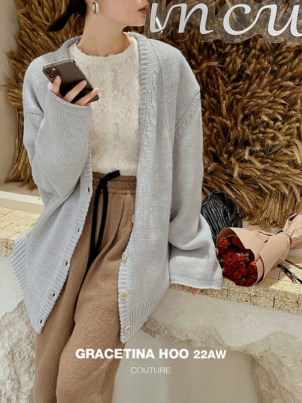 [GRACETINA HOO] Small simple V-collar loose knit cardigan splicing wide shoulder design with wool Z965