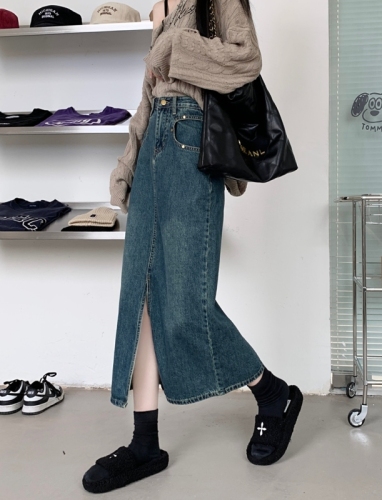 Real shot real price # new denim skirt women's medium long retro split a-line skirt
