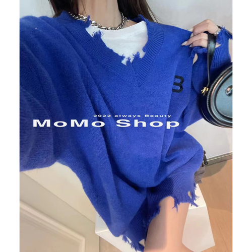 Worn wool edging V-neck embroidered letter sweater women's salt can be sweet and versatile loose medium length knitwear