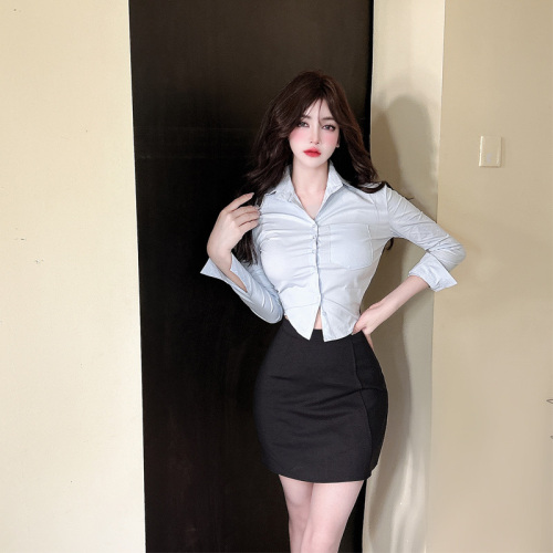 Real shot professional suit female autumn slim short crop long sleeve shirt package buttock short skirt work clothes two sets