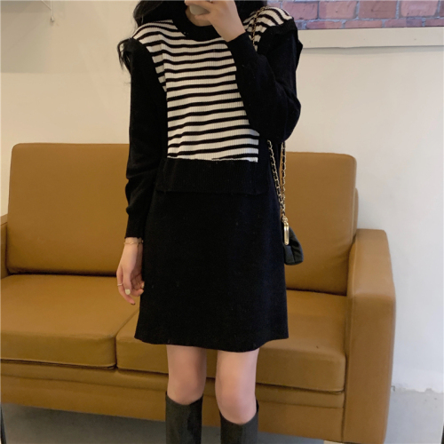 Real price black dress temperament long striped sweater fake two bottom skirt