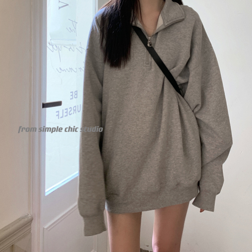 Fashion super fire gray long sleeve hoodie female autumn new lazy lazy wind polo collar loose medium long top female tide
