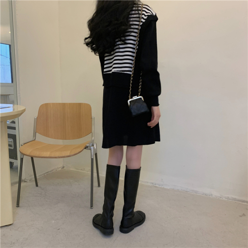 Real price black dress temperament long striped sweater fake two bottom skirt