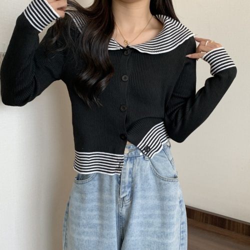 Real shot real price early autumn new navy collar stripe design sense is sweet and chic bump color knit cardigan jacket