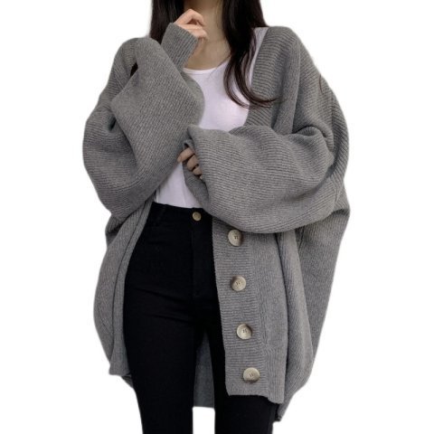 Korean chic autumn and winter casual lazy style V-neck single-breasted loose lantern sleeves knitted cardigan sweater jacket women