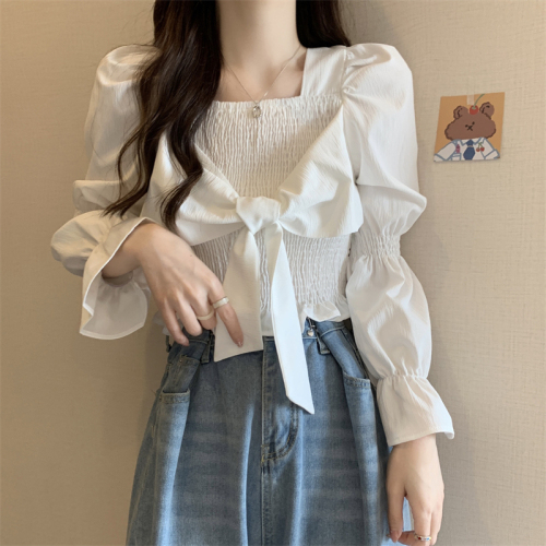 Autumn and winter new solid color French square-neck short shirt ladies slim fit bow long-sleeved all-match top