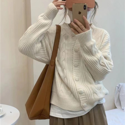 Simple literary and artistic thickened twist knitted cardigan 2022 early autumn new Korean soft milk wind loose sweater jacket tide
