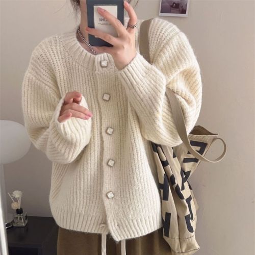 Lazy style Korean loose sweater jacket 2022 autumn and winter new temperament silhouette solid color thickened knitted cardigan