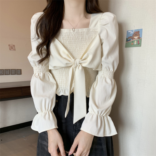 Autumn and winter new solid color French square-neck short shirt ladies slim fit bow long-sleeved all-match top