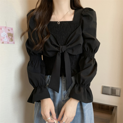 Autumn and winter new solid color French square-neck short shirt ladies slim fit bow long-sleeved all-match top