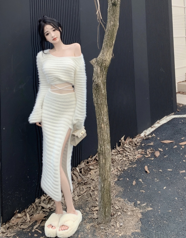 Pure lust style suit hot girl bandage long-sleeved sweater knitted sweater top women's autumn package hip skirt two-piece set