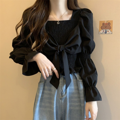 Autumn and winter new solid color French square-neck short shirt ladies slim fit bow long-sleeved all-match top