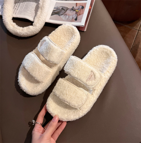 Real shot specials without reducing lamb wool slippers women's fashion one word flat slippers Korean version of simple women's shoes