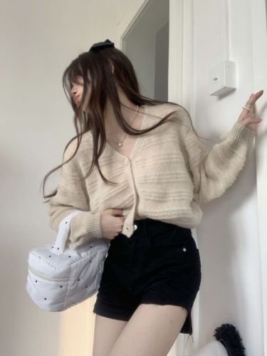 Korean version knitted sweater women's French knitted cardigan perspective short autumn niche new sweater