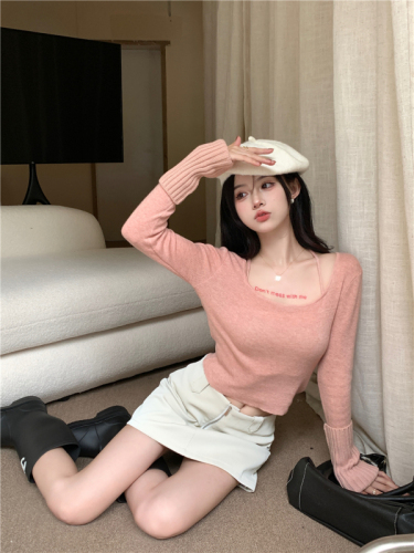 Real shooting real price Versatile design sense square neck halter slim solid color long-sleeved knitted sweater
