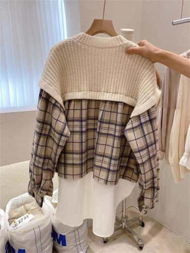 Western style stitching fake two-piece sweater women's mid-length autumn loose outer wear Japanese lazy retro Hong Kong style sweater