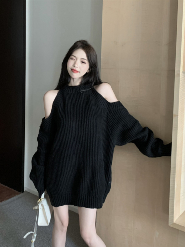 Real shot real price love hollow sweater women's atmosphere loose and lazy style off-the-shoulder knitted top