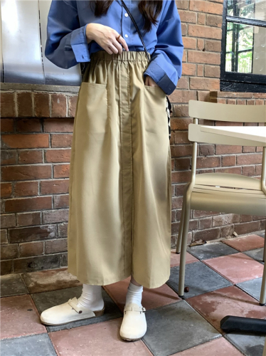 Real shot real price khaki tooling skirt female Korean version high waist retro loose mid-length all-match split skirt