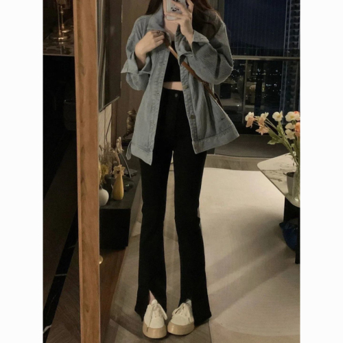 Black high-waisted slit jeans women's autumn ins new Korean version of the loose student all-match thin wide-leg pants trend