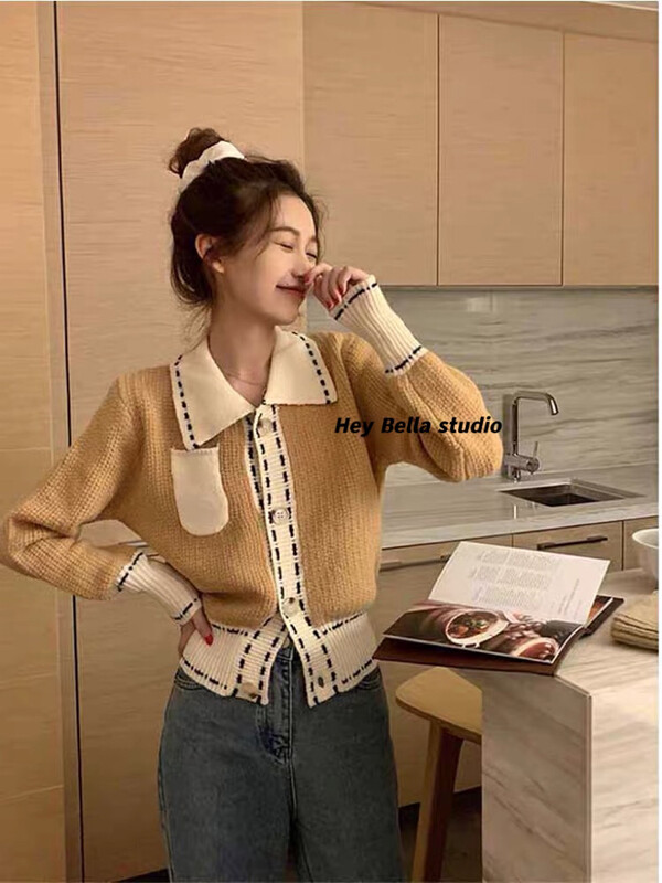 New in autumn! [HEY BELLA] Korean single-breasted color-blocking comfortable warm sweater B9230# L