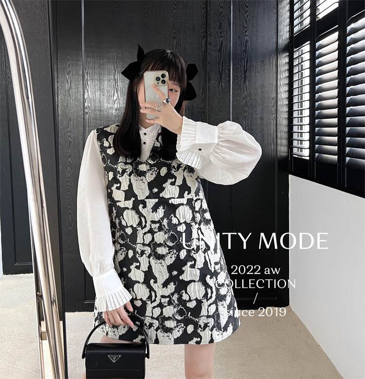 【UNITY】Korean version loose casual mid-skirt jacquard vest dress (autumn casual jacquard embroidered vest) Q38002# CQW