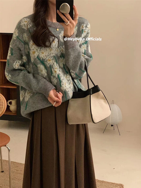 New in winter! [HEY BELLA] round neck pullover loose and comfortable warm sweater B9533# L