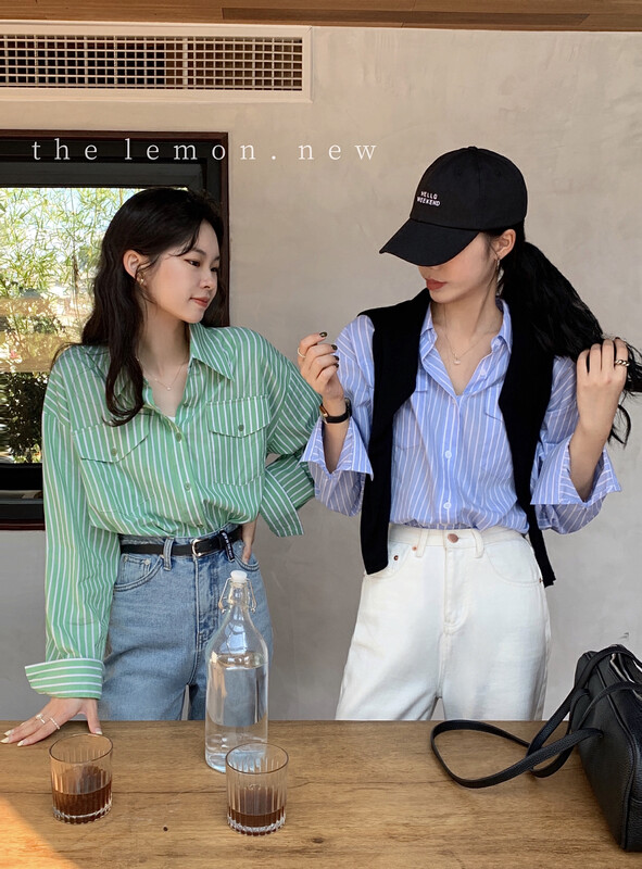 [Lemon Green Tea] New striped design in early autumn all-match shirt commuting 2313