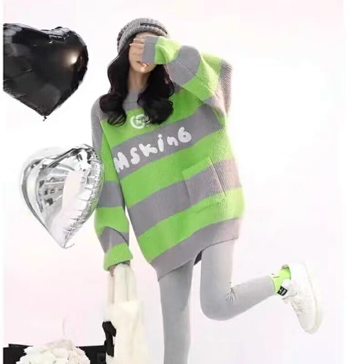New in winter! [BY] Left pocket letter green and gray wide striped warm sweater 7419# HJY