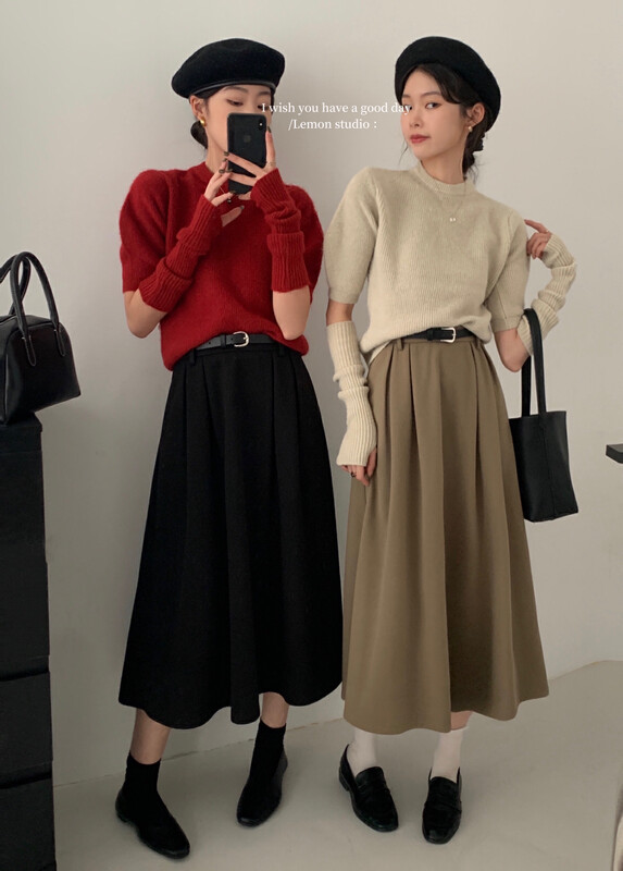 [Lemon Green Tea] New slim textured umbrella skirt (with belt) 2536