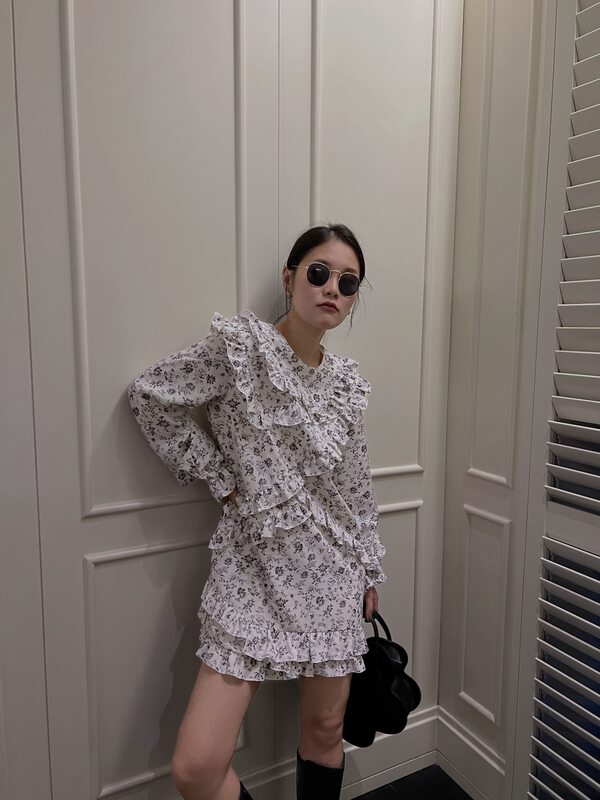 【TS】French commuter temperament floral dress with fungus edge Q18002# CQW