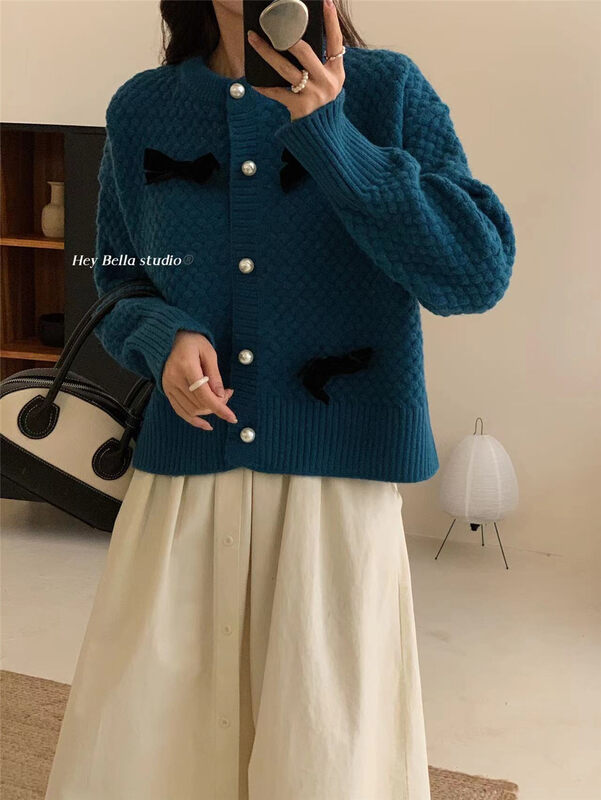 New in winter! [HEY BELLA] Bow decoration temperament fashion knitted cardigan B9529# L